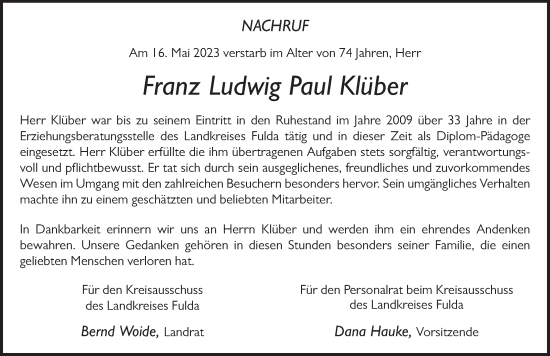 Traueranzeige von Franz Ludwig Paul Klüber von FZ