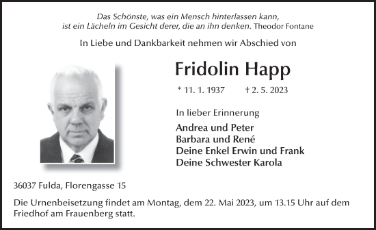 Traueranzeige von Fridolin Happ von FZ