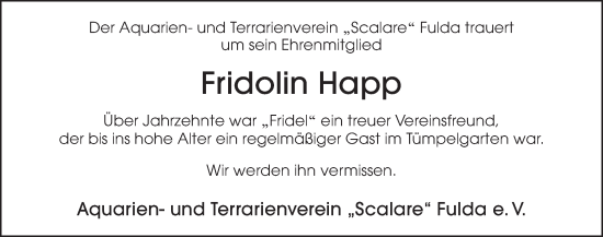 Traueranzeige von Fridolin Happ von FZ
