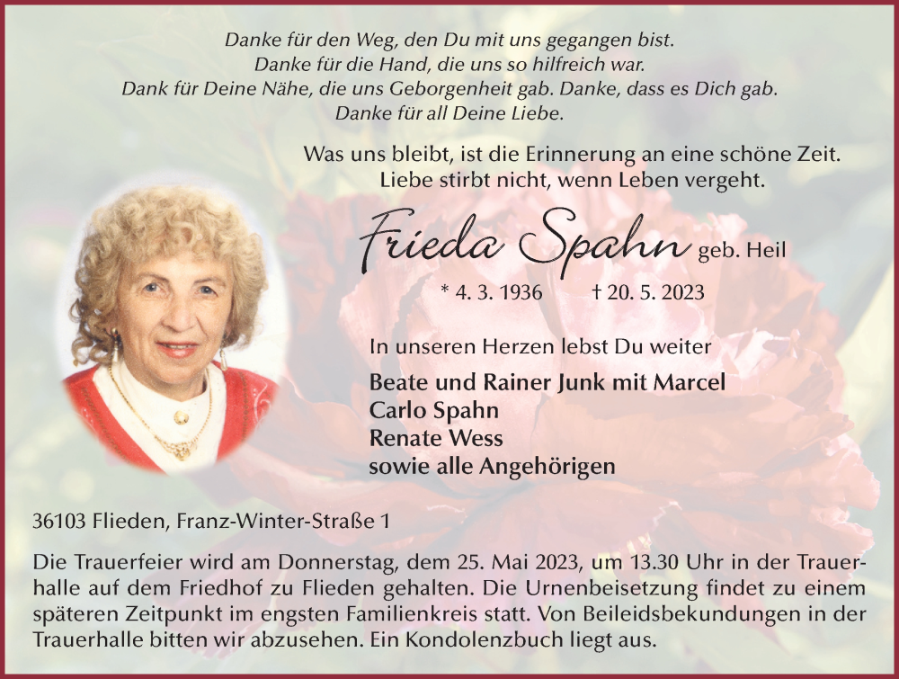  Traueranzeige für Frieda Spahn vom 23.05.2023 aus FZ