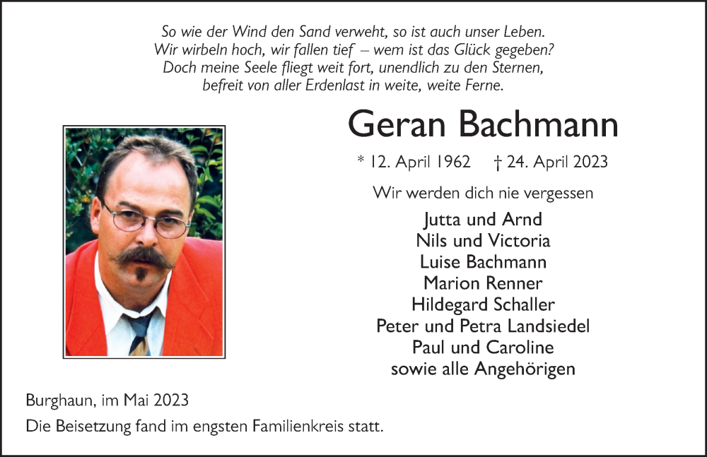  Traueranzeige für Geran Bachmann vom 13.05.2023 aus FZ