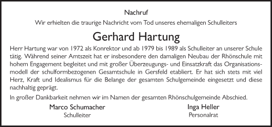 Traueranzeige von Gerhard Hartung von FZ