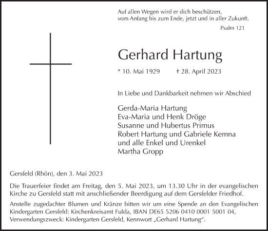 Traueranzeige von Gerhard Hartung von FZ