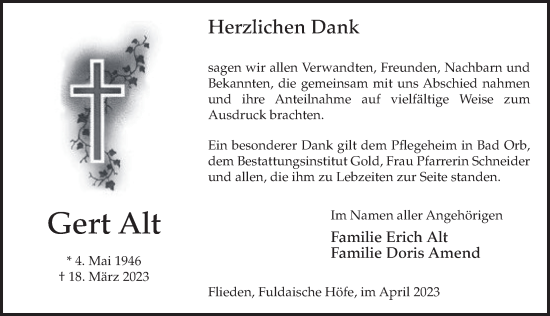 Traueranzeige von Gert Alt von FZ