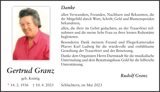 Traueranzeige von Gertrud Granz von FZ