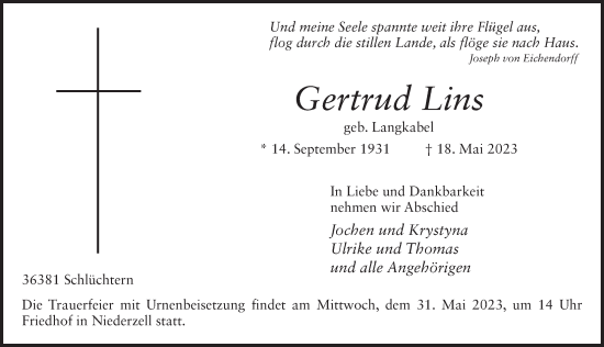 Traueranzeige von Gertrud Lins von FZ