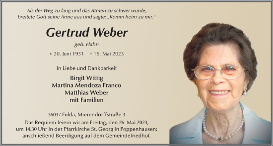 Traueranzeige von Gertrud Weber von FZ