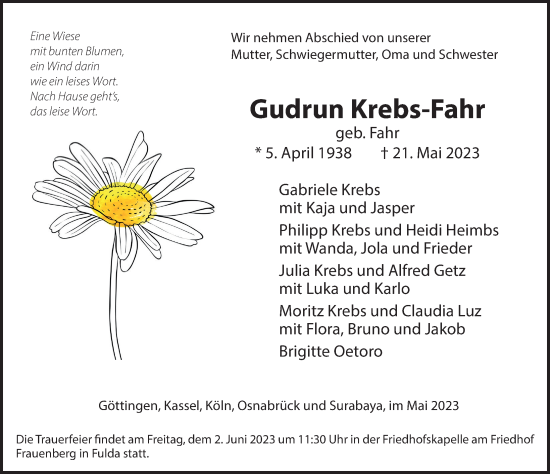 Traueranzeige von Gudrun Krebs-Fahr von FZ