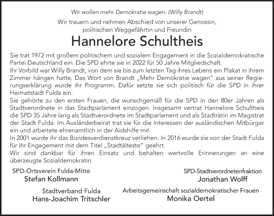 Traueranzeige von Hannelore Schultheis von FZ