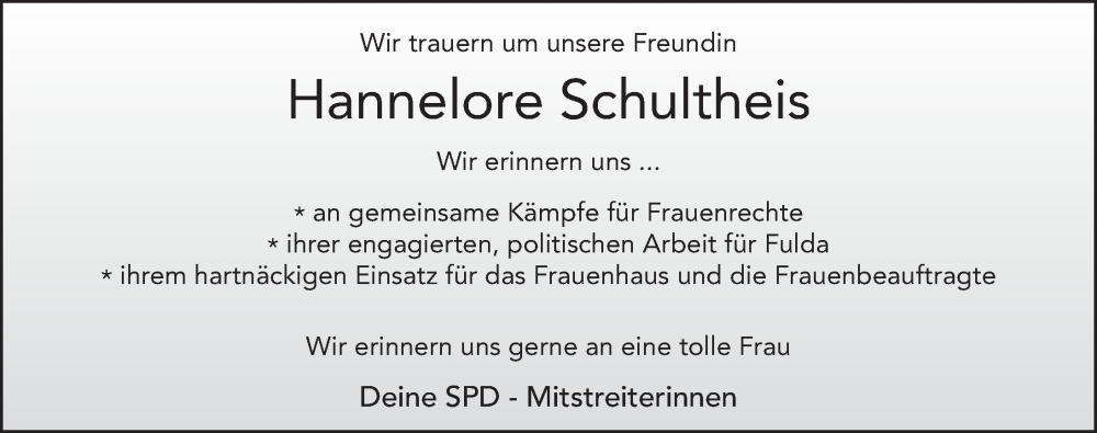  Traueranzeige für Hannelore Schultheis vom 30.05.2023 aus FZ