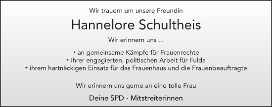 Traueranzeige von Hannelore Schultheis von FZ