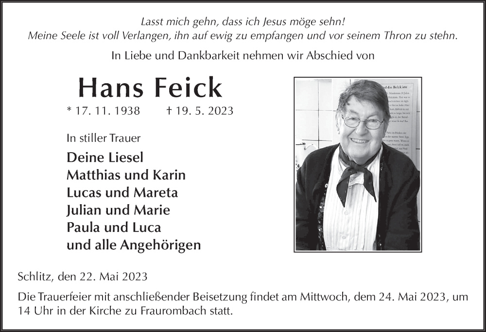  Traueranzeige für Hans Feick vom 22.05.2023 aus FZ