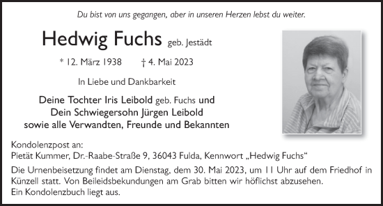 Traueranzeige von Hedwig Fuchs von FZ