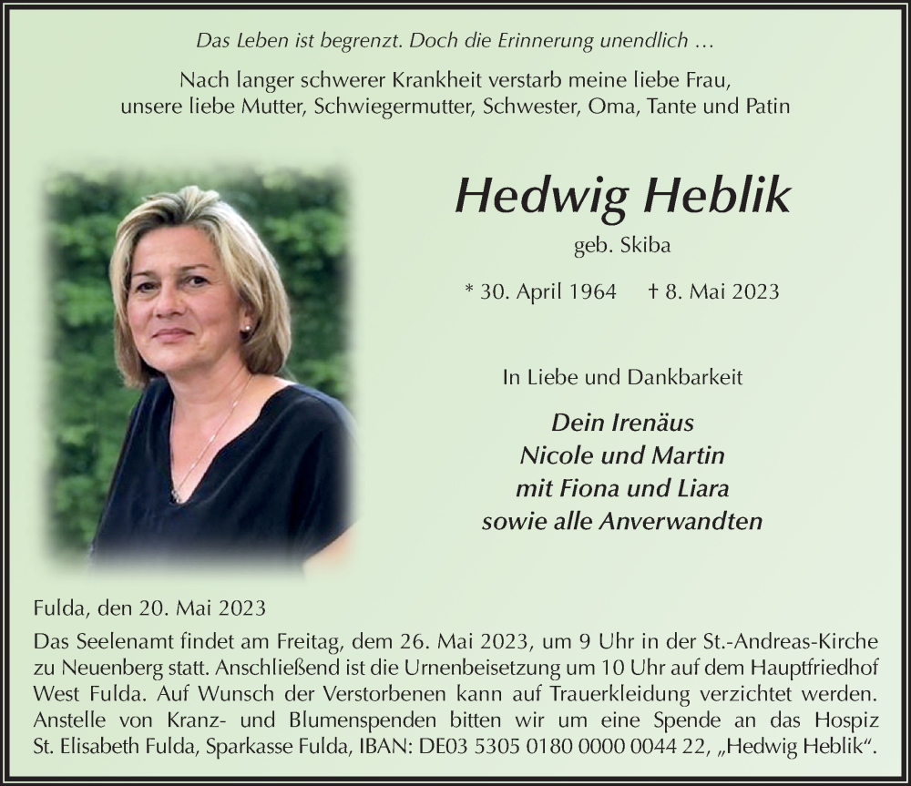  Traueranzeige für Hedwig Heblik vom 20.05.2023 aus FZ