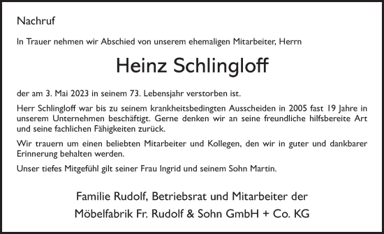 Traueranzeige von Heinz Schlingloff von FZ