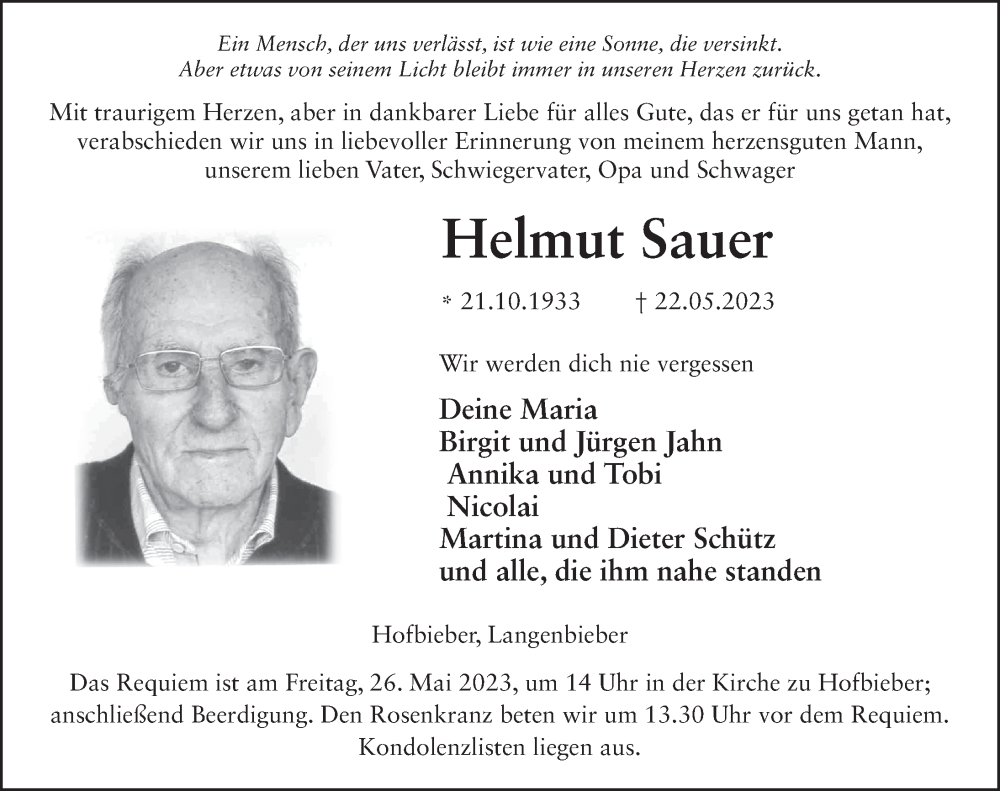  Traueranzeige für Helmut Sauer vom 24.05.2023 aus FZ