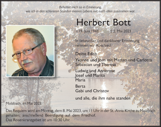 Traueranzeige von Herbert Bott von FZ