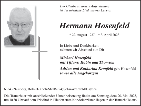 Traueranzeige von Hermann Hosenfeld von FZ