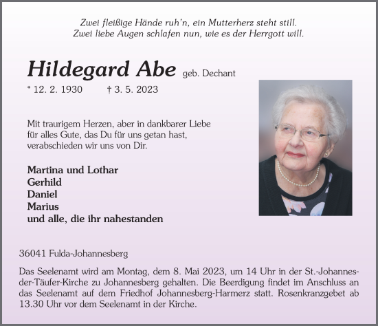 Traueranzeige von Hildegard Abe von FZ