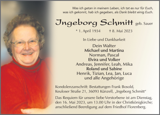 Traueranzeige von Ingeborg Schmitt von FZ