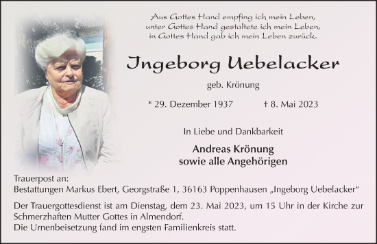 Traueranzeige von Ingeborg Uebelacker von FZ