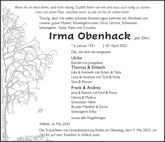 Traueranzeige von Irma Obenhack von FZ