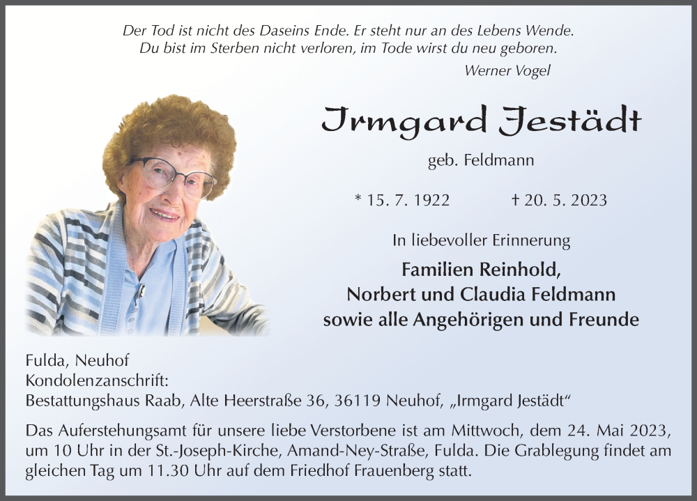  Traueranzeige für Irmgard Jestädt vom 23.05.2023 aus FZ