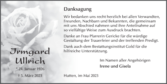 Traueranzeige von Irmgard Ullrich von FZ