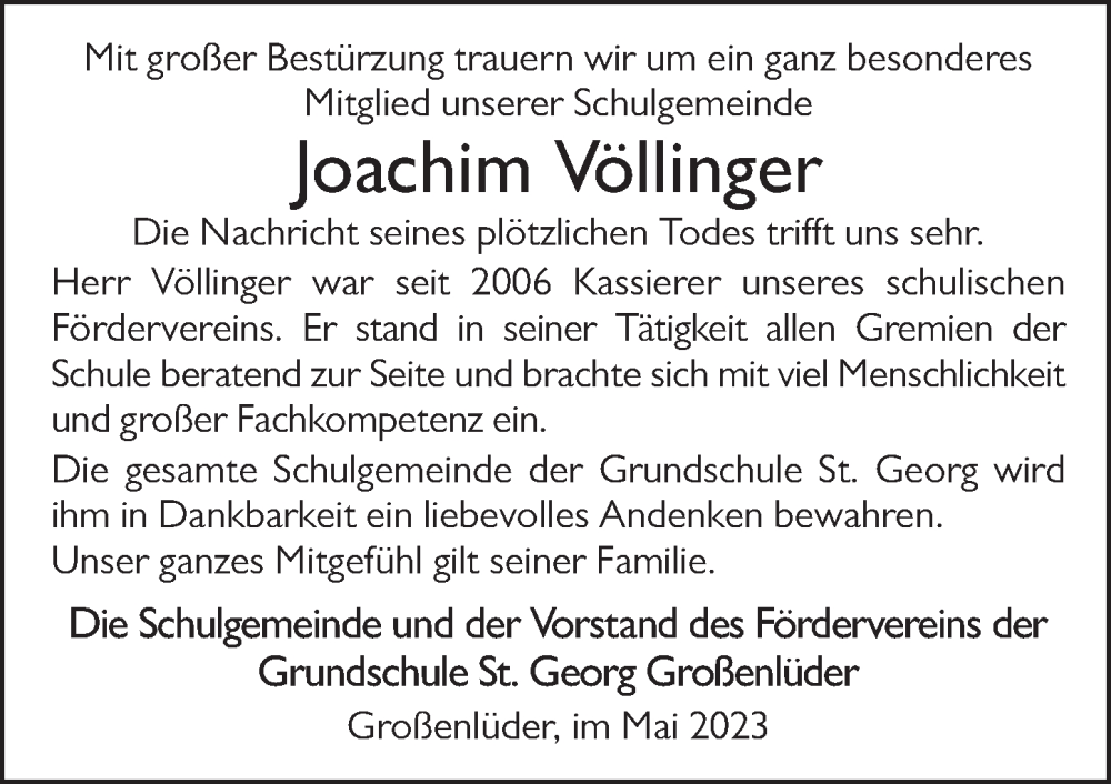  Traueranzeige für Joachim Völlinger vom 24.05.2023 aus FZ