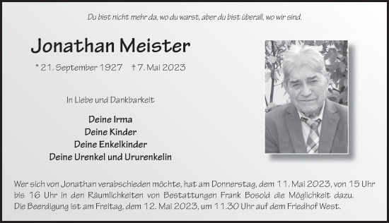 Traueranzeige von Jonathan Meister von FZ