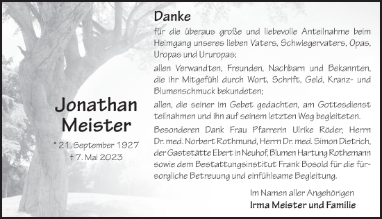 Traueranzeige von Jonathan Meister von FZ