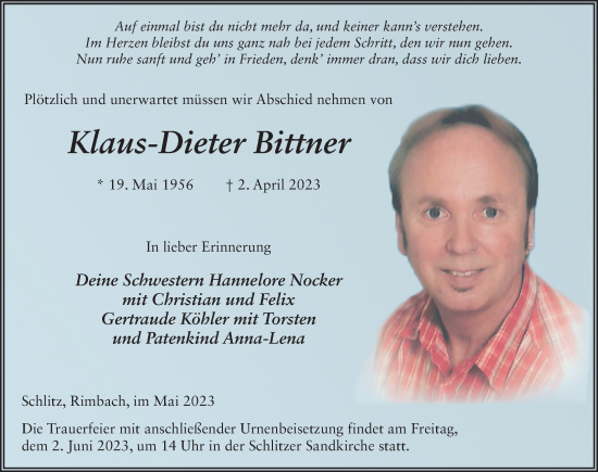 Traueranzeige von Klaus-Dieter Bittner von FZ