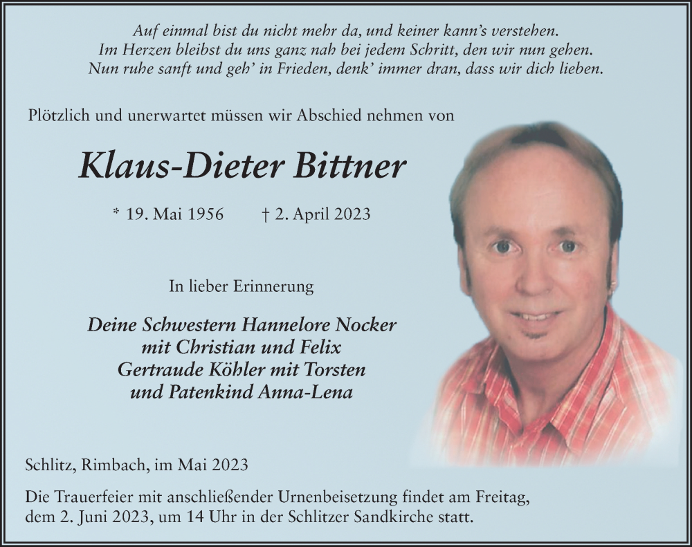  Traueranzeige für Klaus-Dieter Bittner vom 30.05.2023 aus FZ