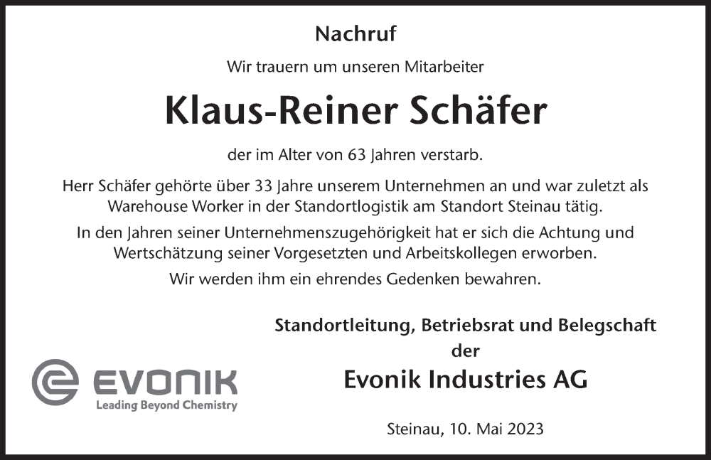  Traueranzeige für Klaus-Reiner Schäfer vom 13.05.2023 aus FZ