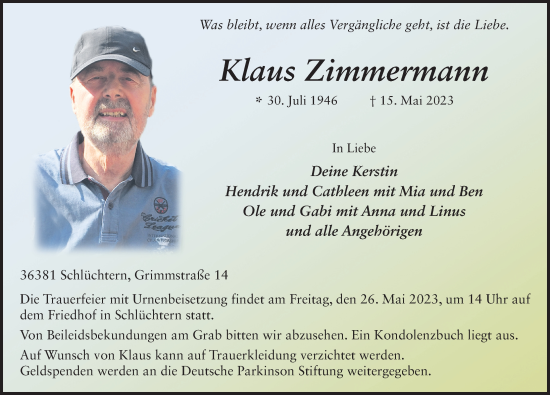Traueranzeige von Klaus Zimmermann von FZ