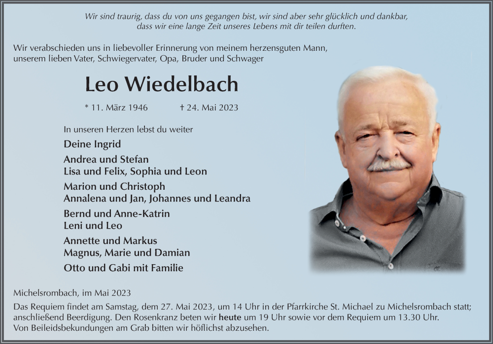  Traueranzeige für Leo Wiedelbach vom 26.05.2023 aus FZ