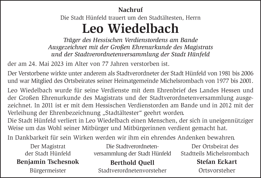  Traueranzeige für Leo Wiedelbach vom 27.05.2023 aus FZ