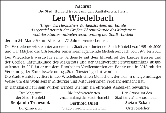 Traueranzeige von Leo Wiedelbach von FZ