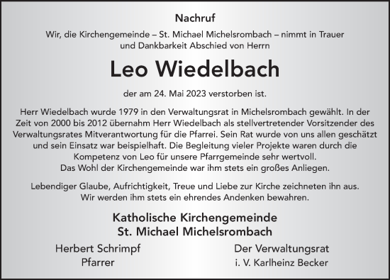 Traueranzeige von Leo Wiedelbach von FZ