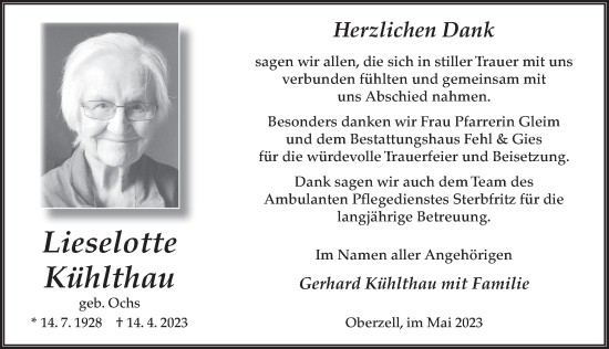 Traueranzeige von Lieselotte Kühlthau von FZ