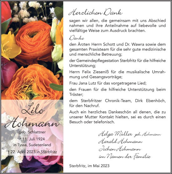 Traueranzeige von Lilo Hohmann von FZ