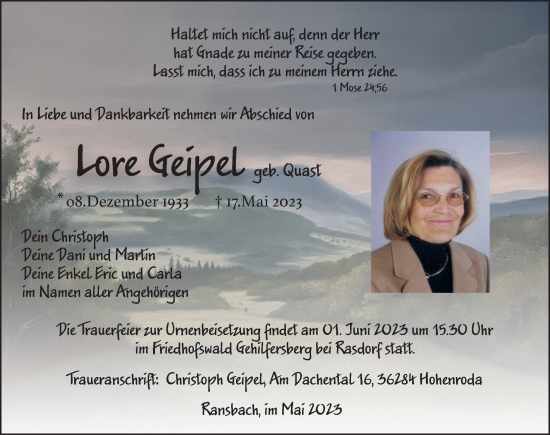Traueranzeige von Lore Geipel von FZ
