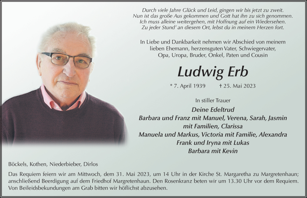  Traueranzeige für Ludwig Erb vom 27.05.2023 aus FZ