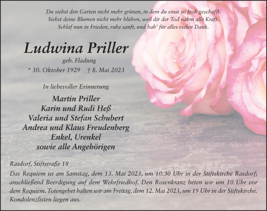 Traueranzeige von Ludwina Priller von FZ