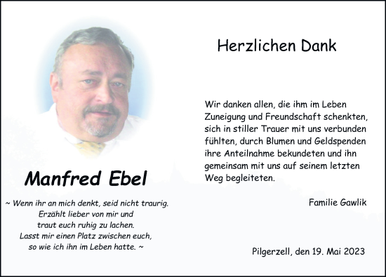 Traueranzeige von Manfred Ebel von FZ
