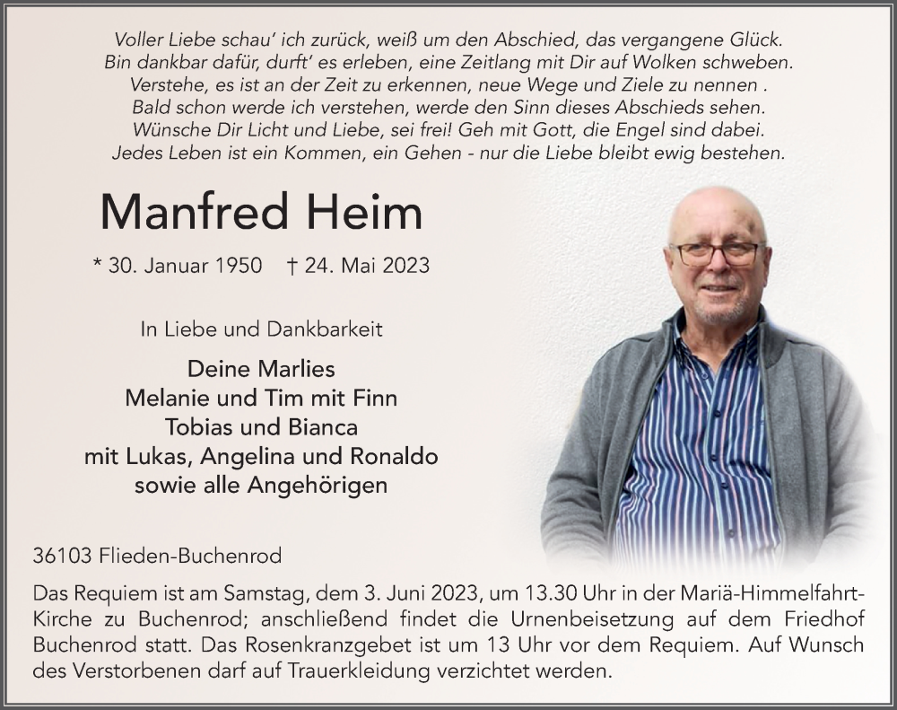 Traueranzeige für Manfred Heim vom 31.05.2023 aus FZ