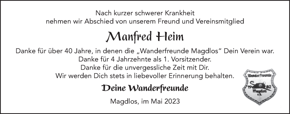  Traueranzeige für Manfred Heim vom 31.05.2023 aus FZ