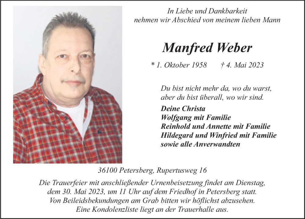  Traueranzeige für Manfred Weber vom 26.05.2023 aus FZ