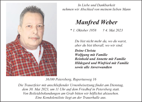 Traueranzeige von Manfred Weber von FZ