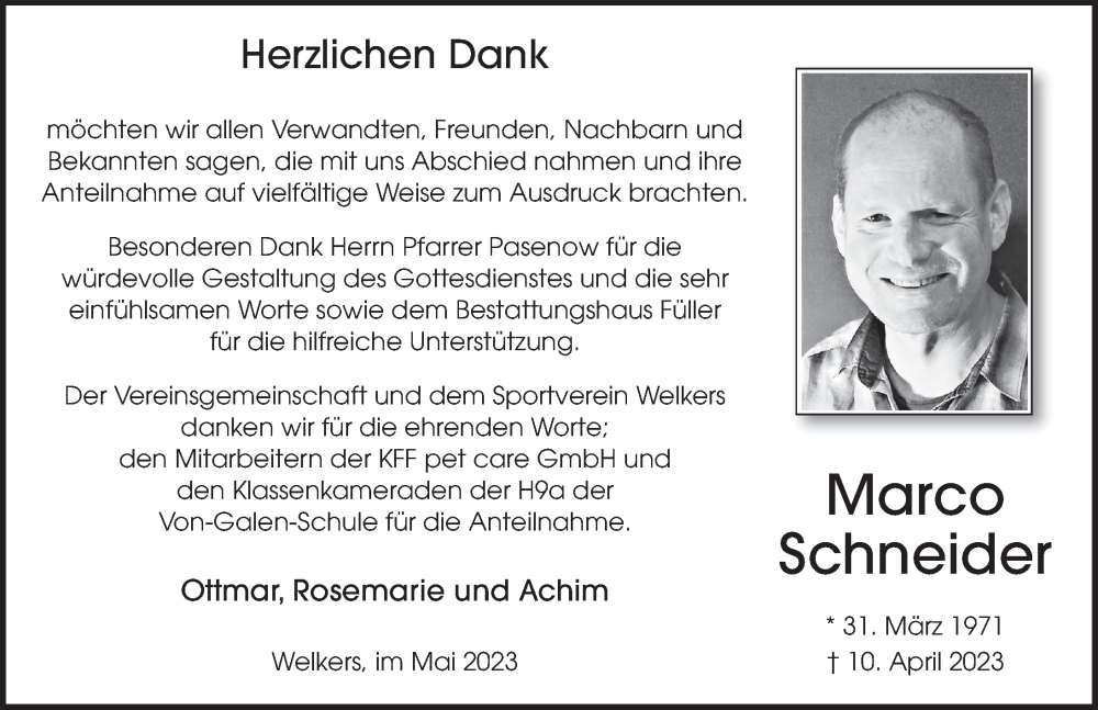  Traueranzeige für Marco Schneider vom 26.05.2023 aus FZ
